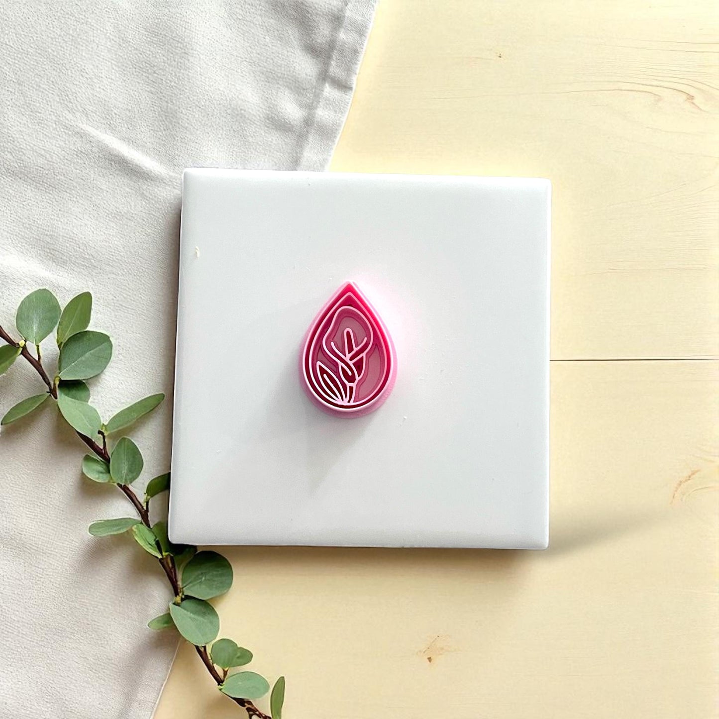 Pink calla lily polymer clay cutter in teardrop shape