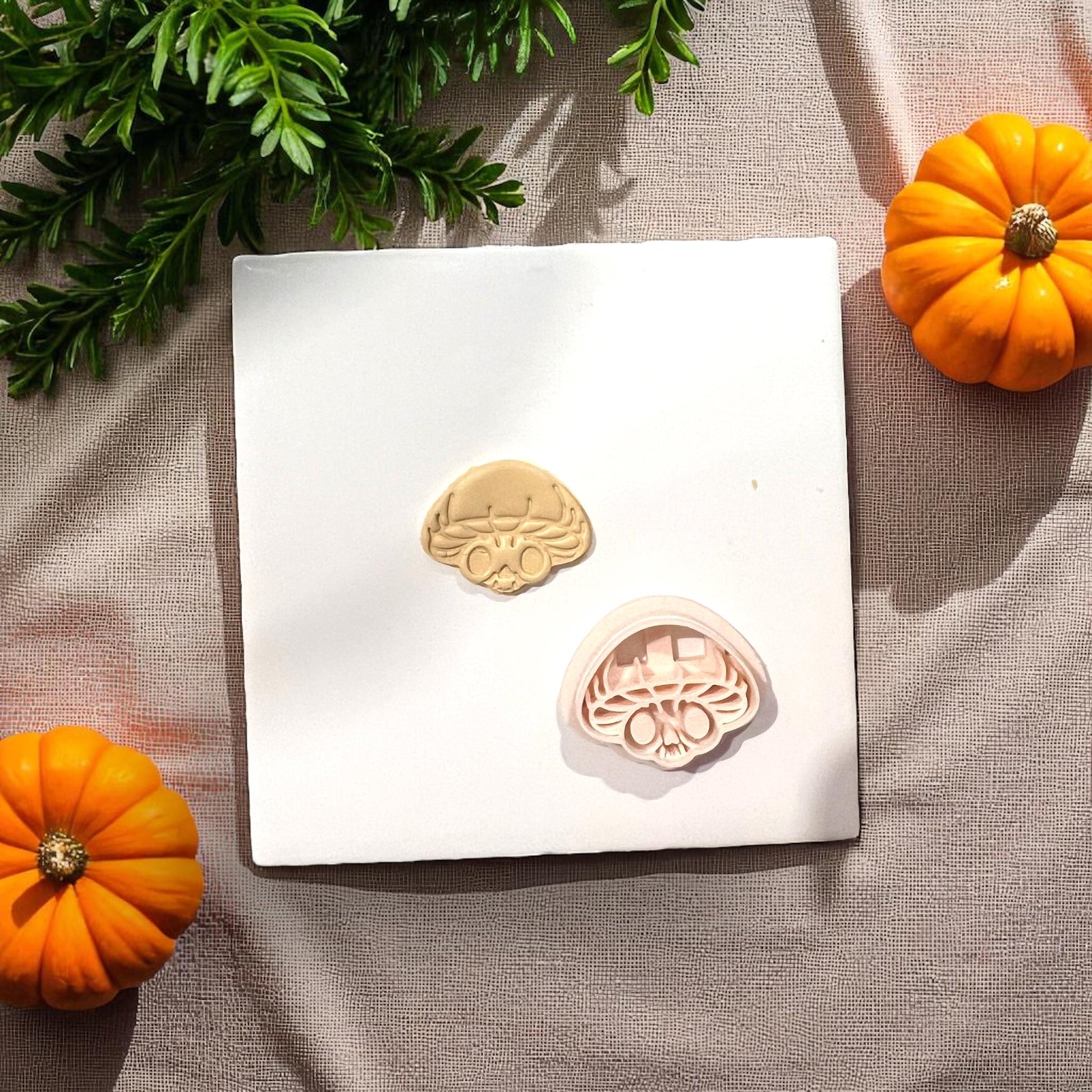 Mushroom skull clay cutter next to clay shape on white tile
