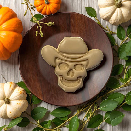 Cowboy skull clay piece on wooden plate with pumpkins and leaves