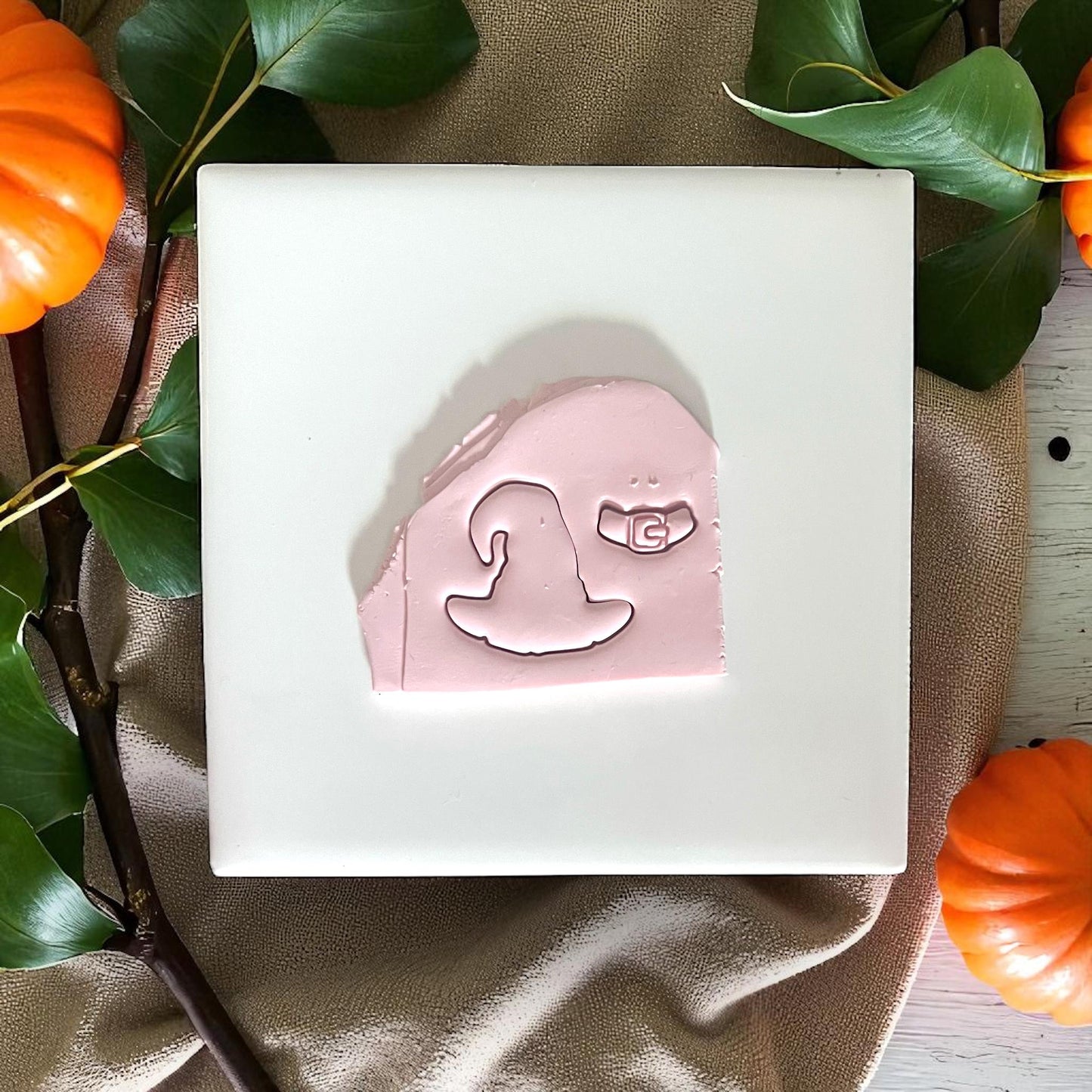 Witch hat clay imprint in pink clay slab