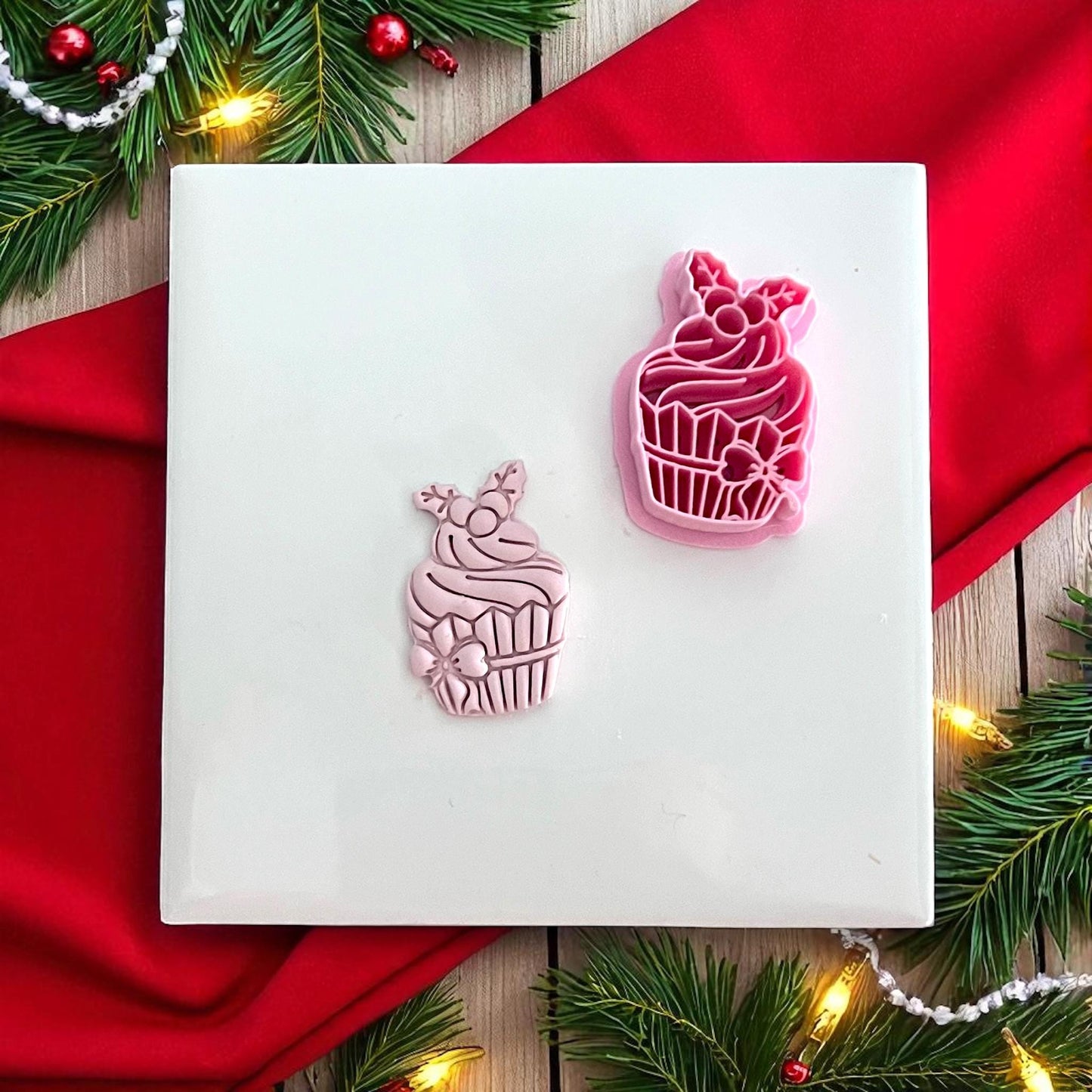 Christmas cupcake clay impression and cutter side by side