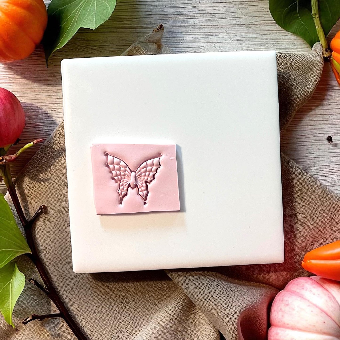 Pink clay imprint of butterfly with spiderweb wings on white tile