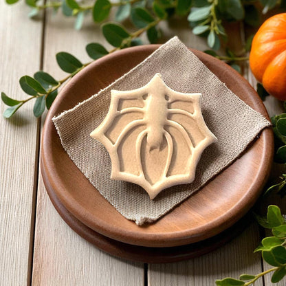 Large clay spider web impression on wooden plate with fabric