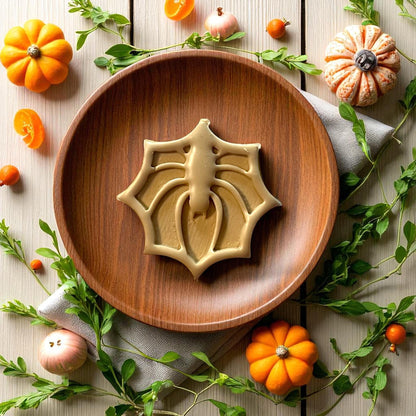 Spider web clay cutter imprint on round wooden plate with pumpkins and leaves