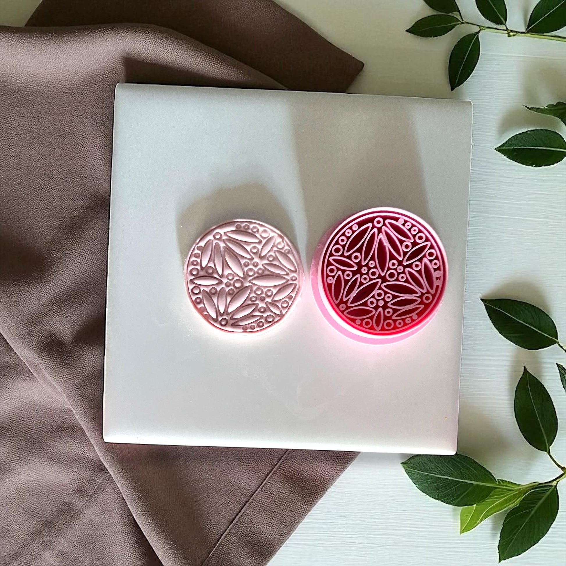 Botanical leaf clay cutter and matching clay imprint side by side