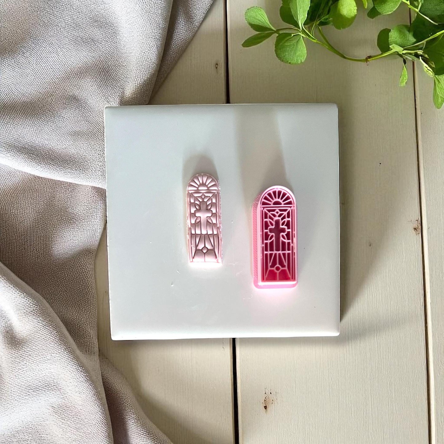 Two stained glass cross polymer clay cutters with imprint