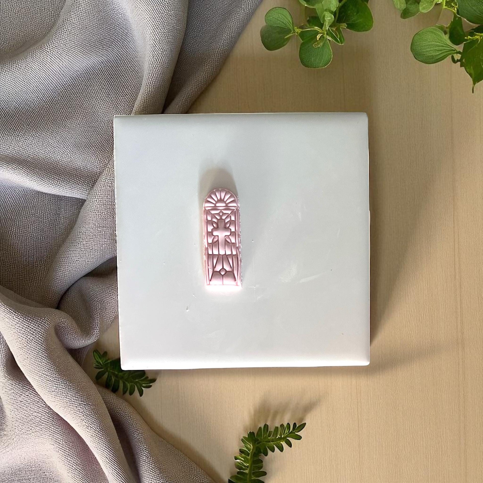 Stained glass window cross polymer clay imprint on white tile