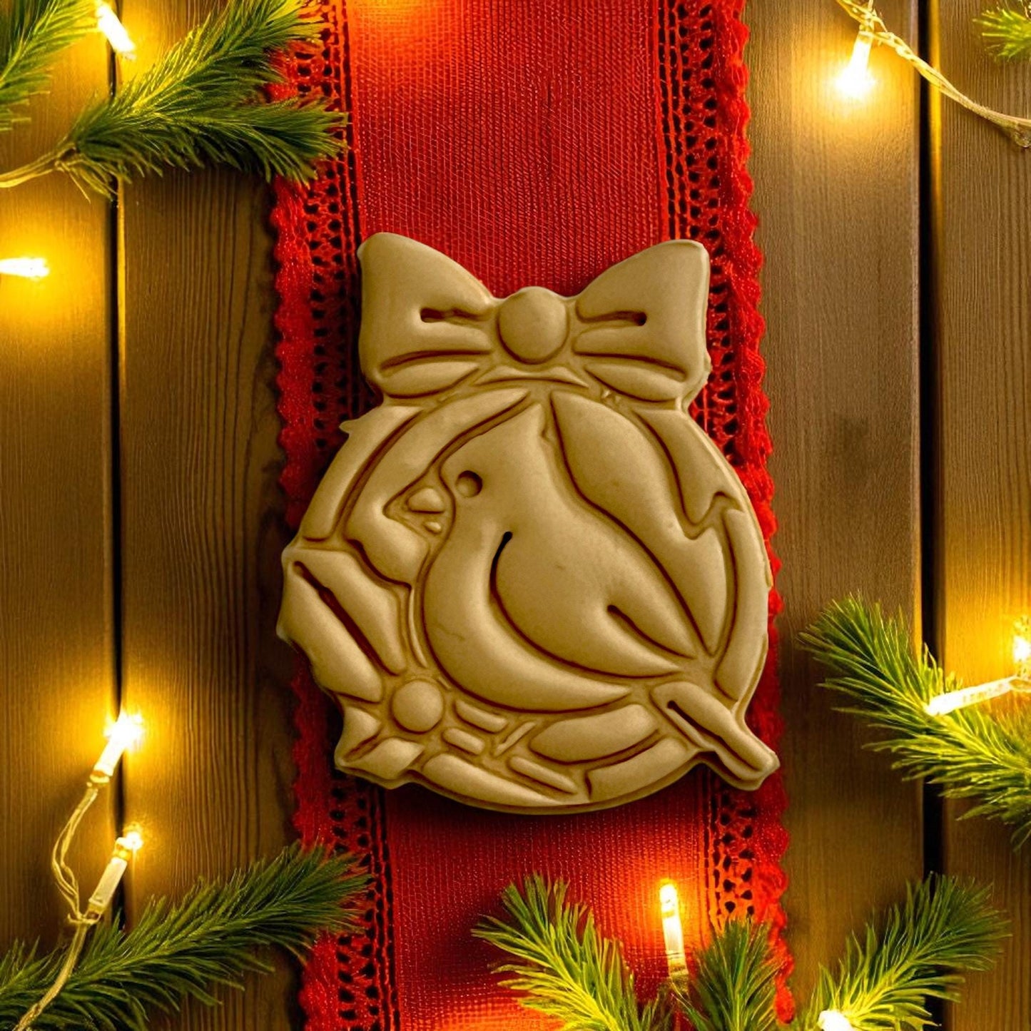 Closeup of festive cardinal clay impression on red ribbon and lights