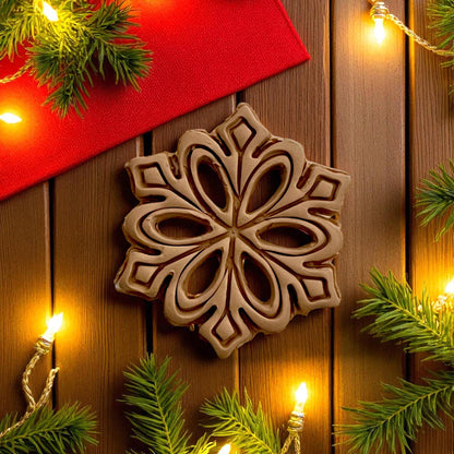Large detailed snowflake polymer clay imprint on wooden surface with pine branches