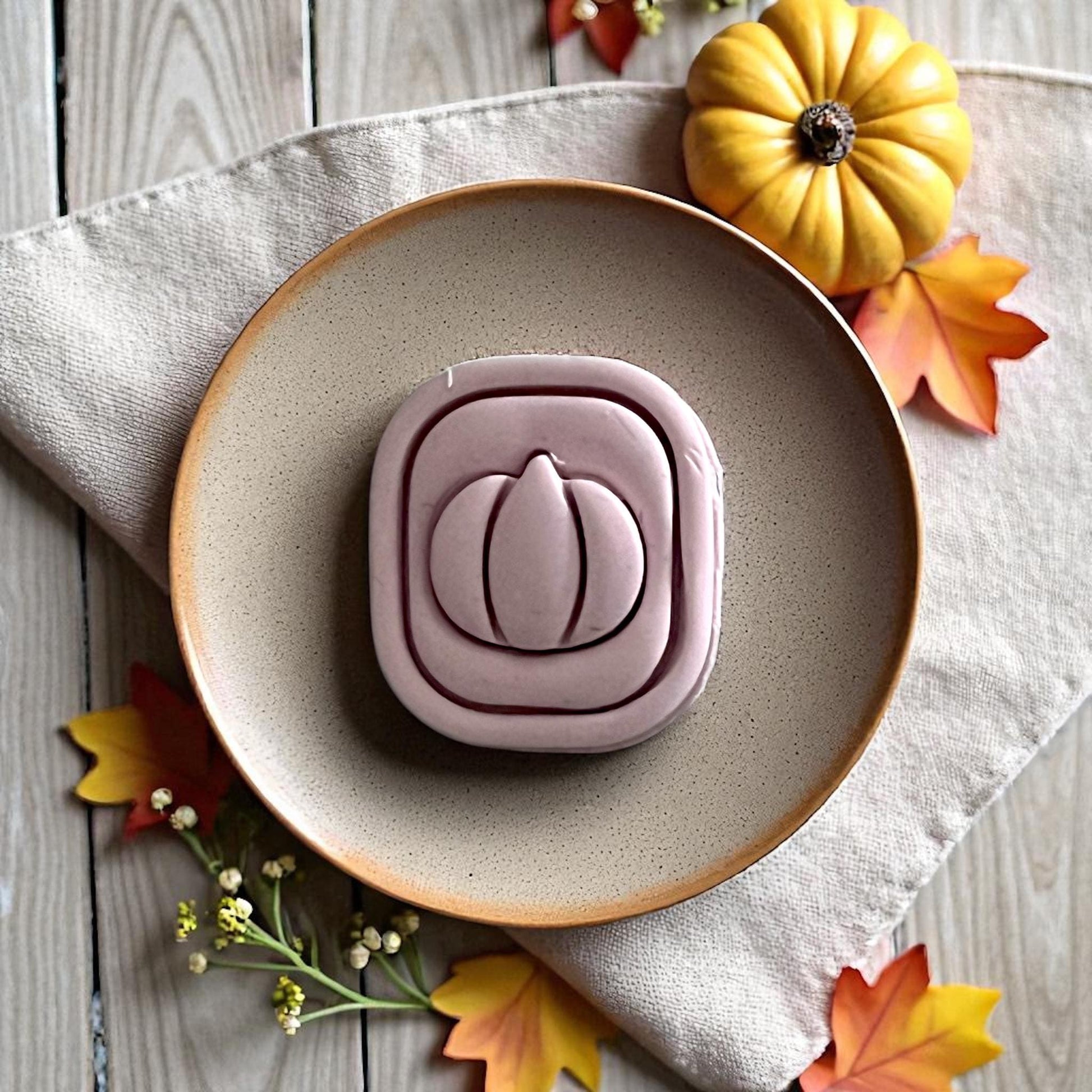 Pumpkin frame and stud clay cutters displayed on white tile with pumpkins and leaves
