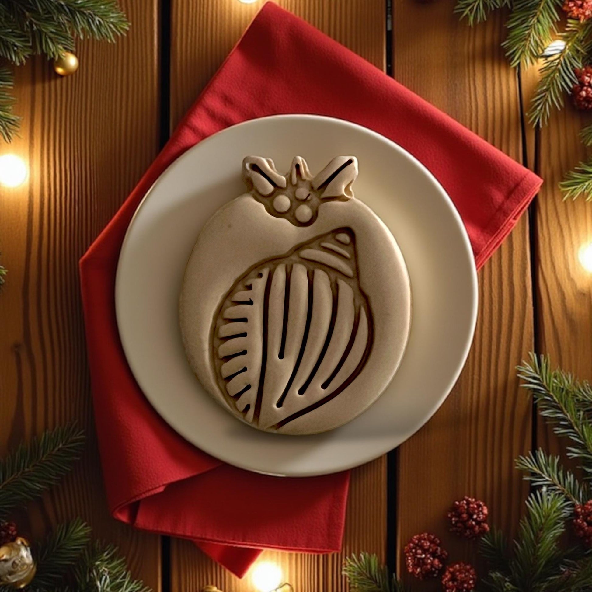 Large shell-shaped clay design on plate surrounded by pine and Christmas lights