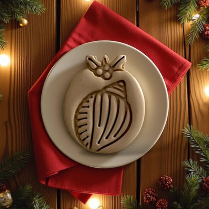 Large shell-shaped clay design on plate surrounded by pine and Christmas lights