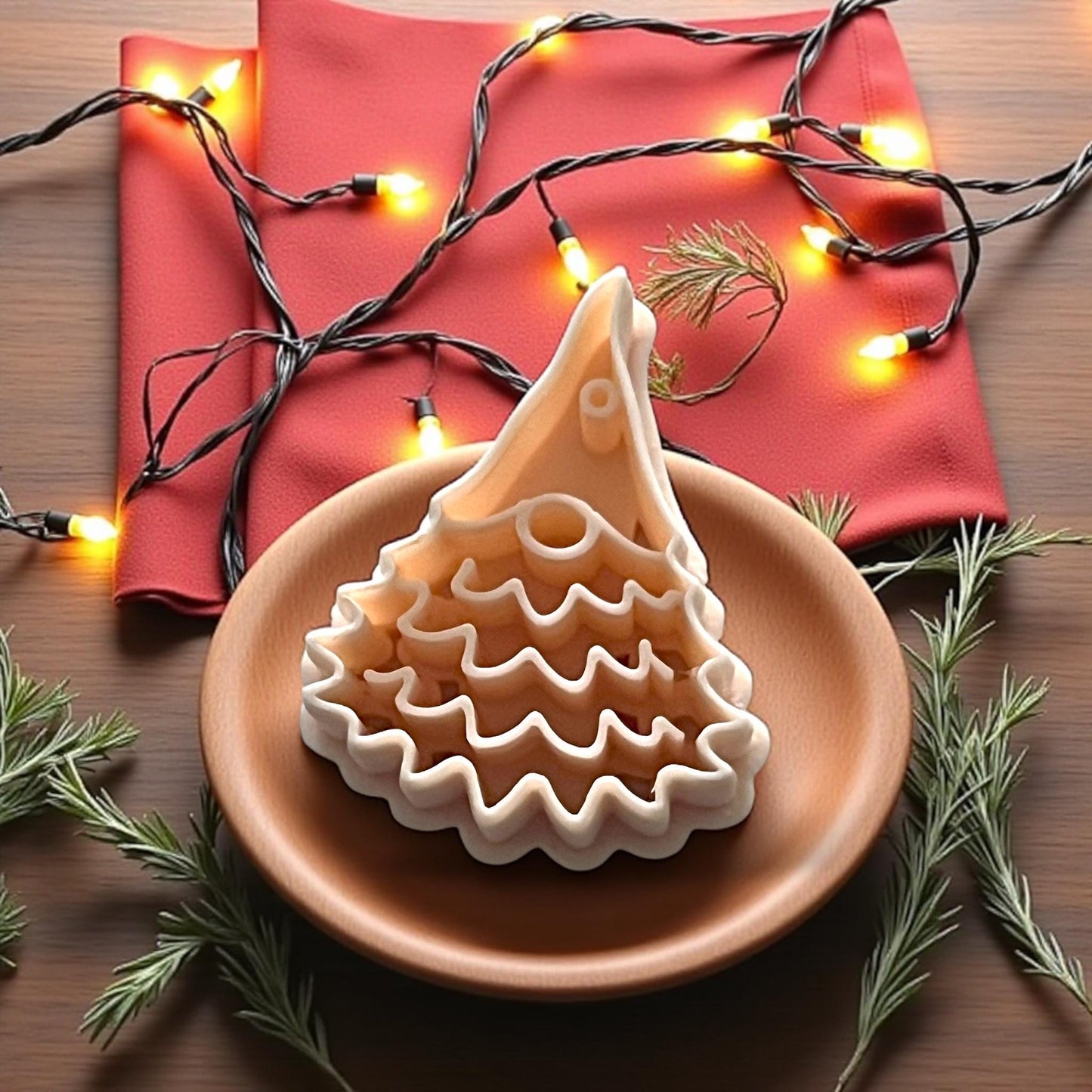 Christmas gnome tree clay cutter on wooden plate with fairy lights and greenery
