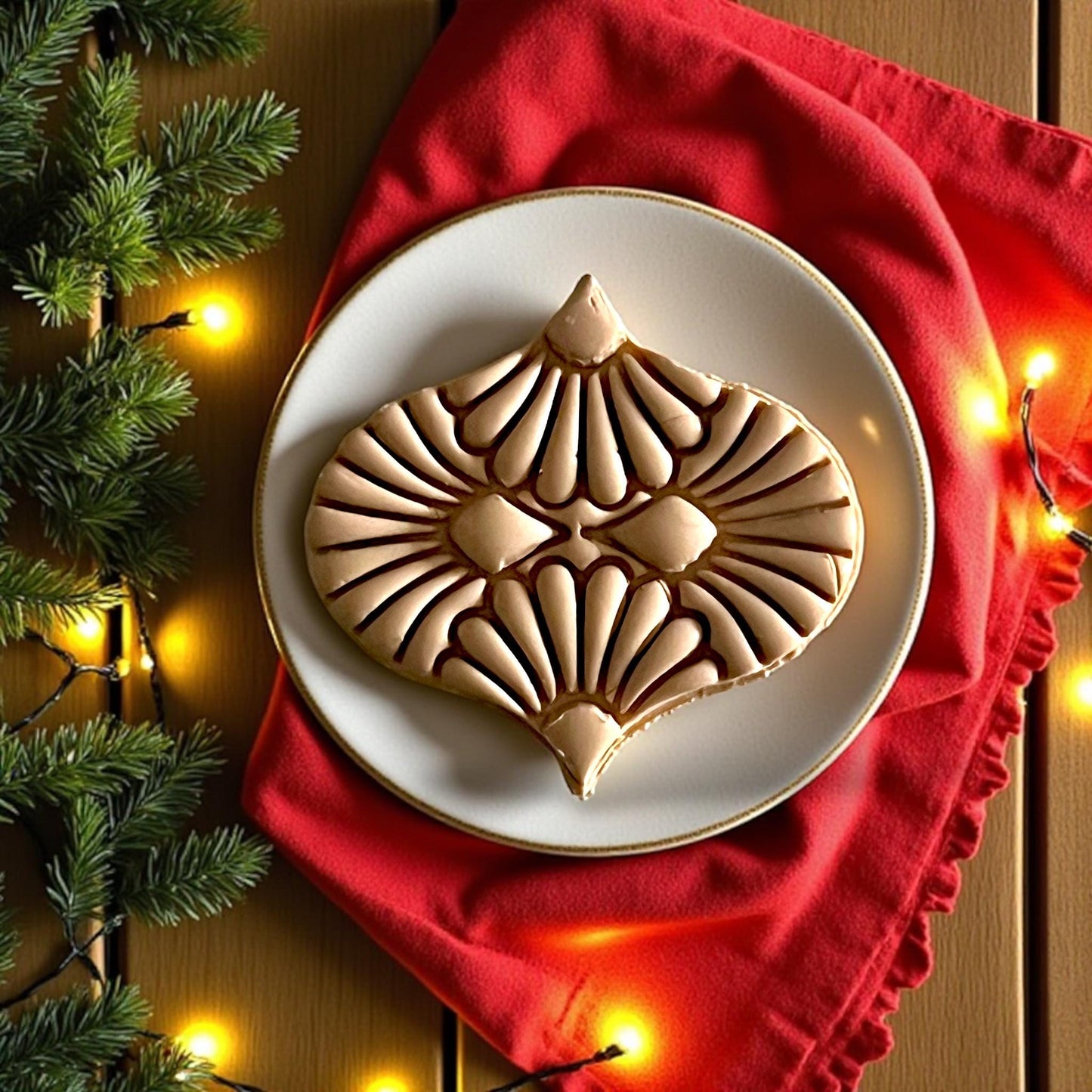 closeup clay impression of detailed ornament pattern on festive plate