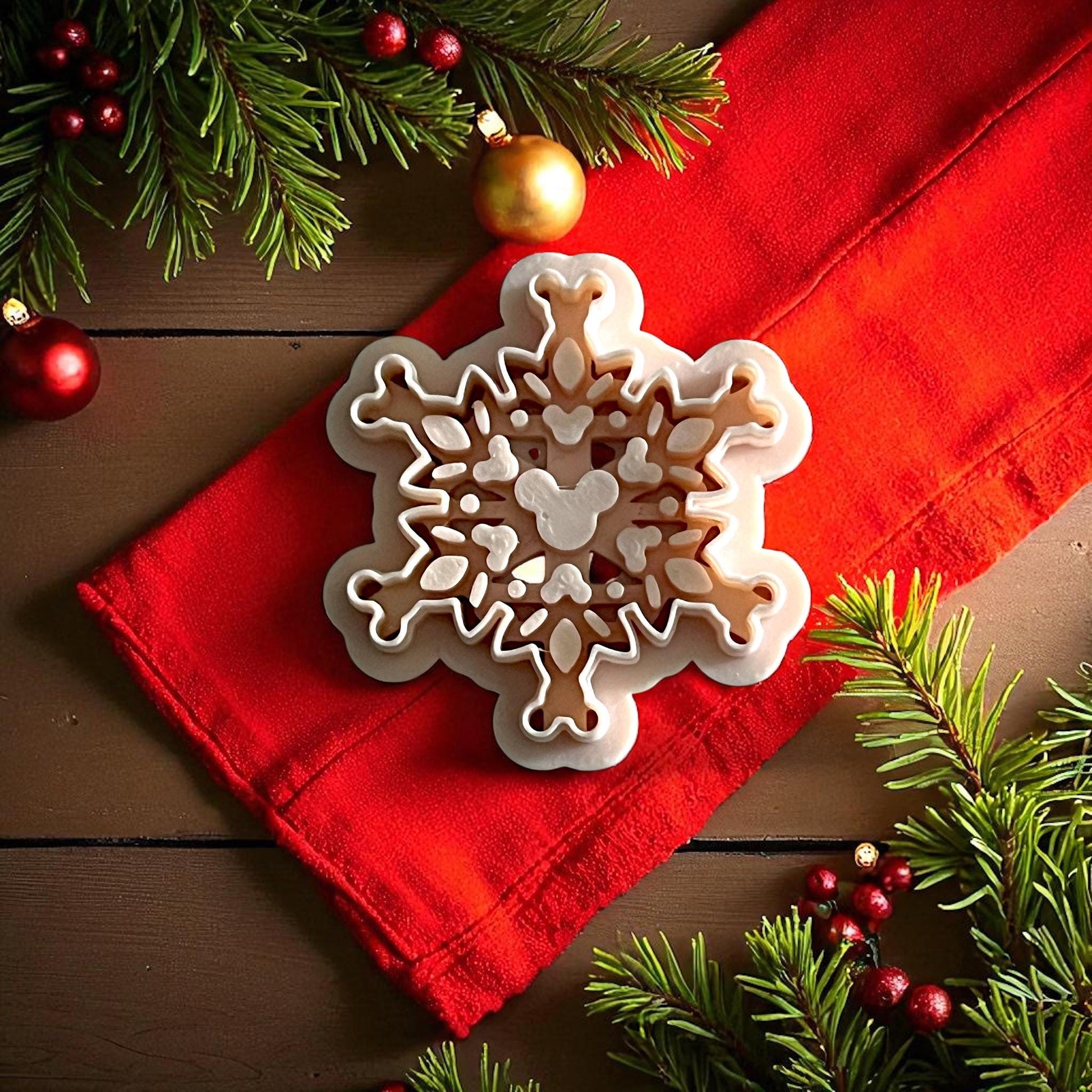 mouse snowflake polymer clay cutter on red fabric with pine branches