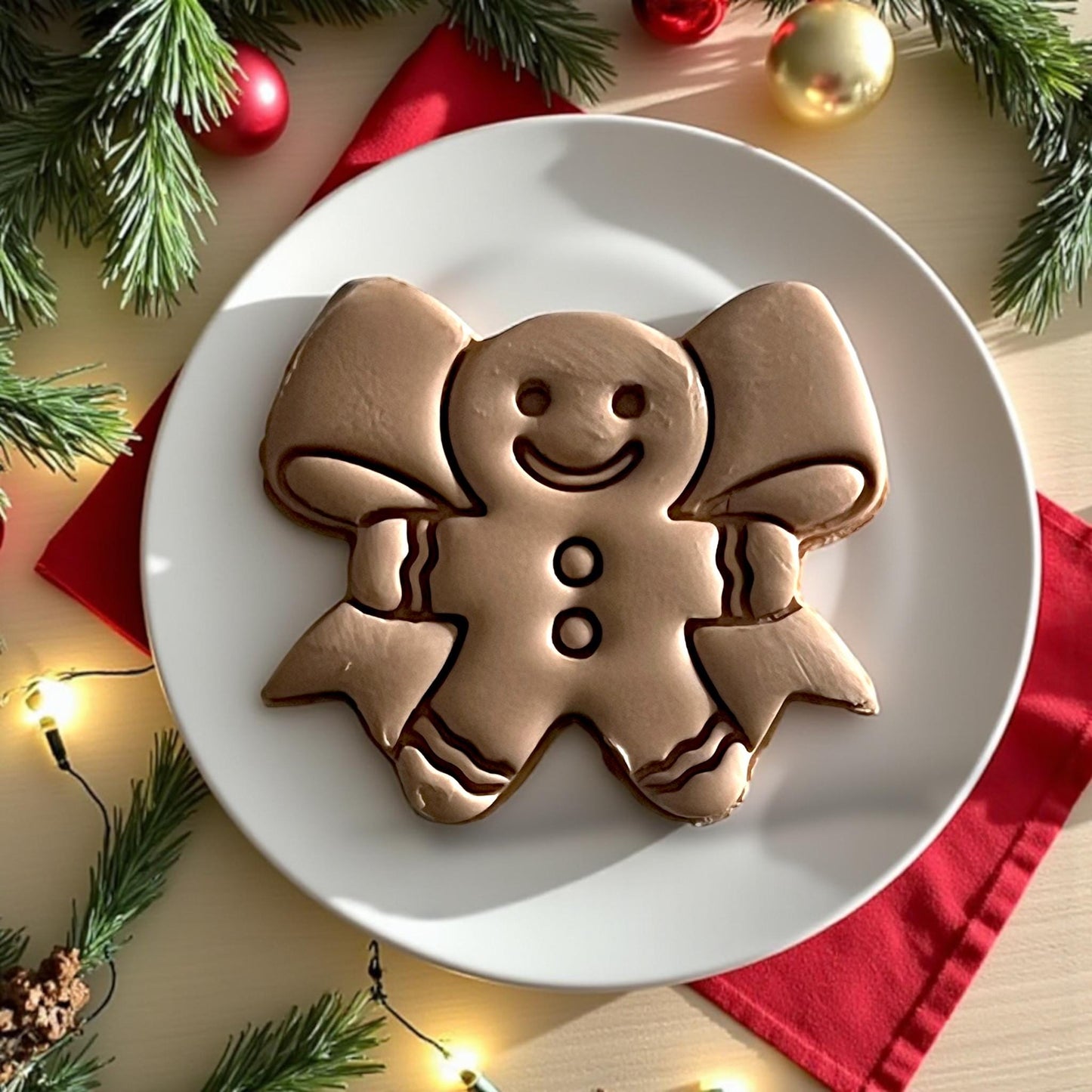 Close-up of gingerbread man bow clay cutter with festive red background and pine branches