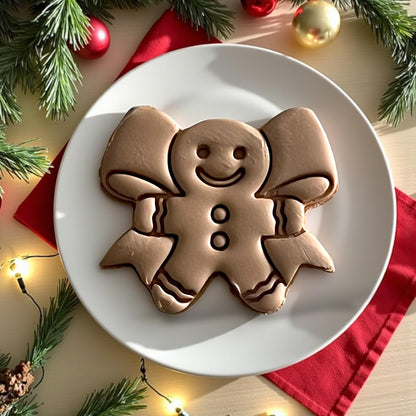 Close-up of gingerbread man bow clay cutter with festive red background and pine branches