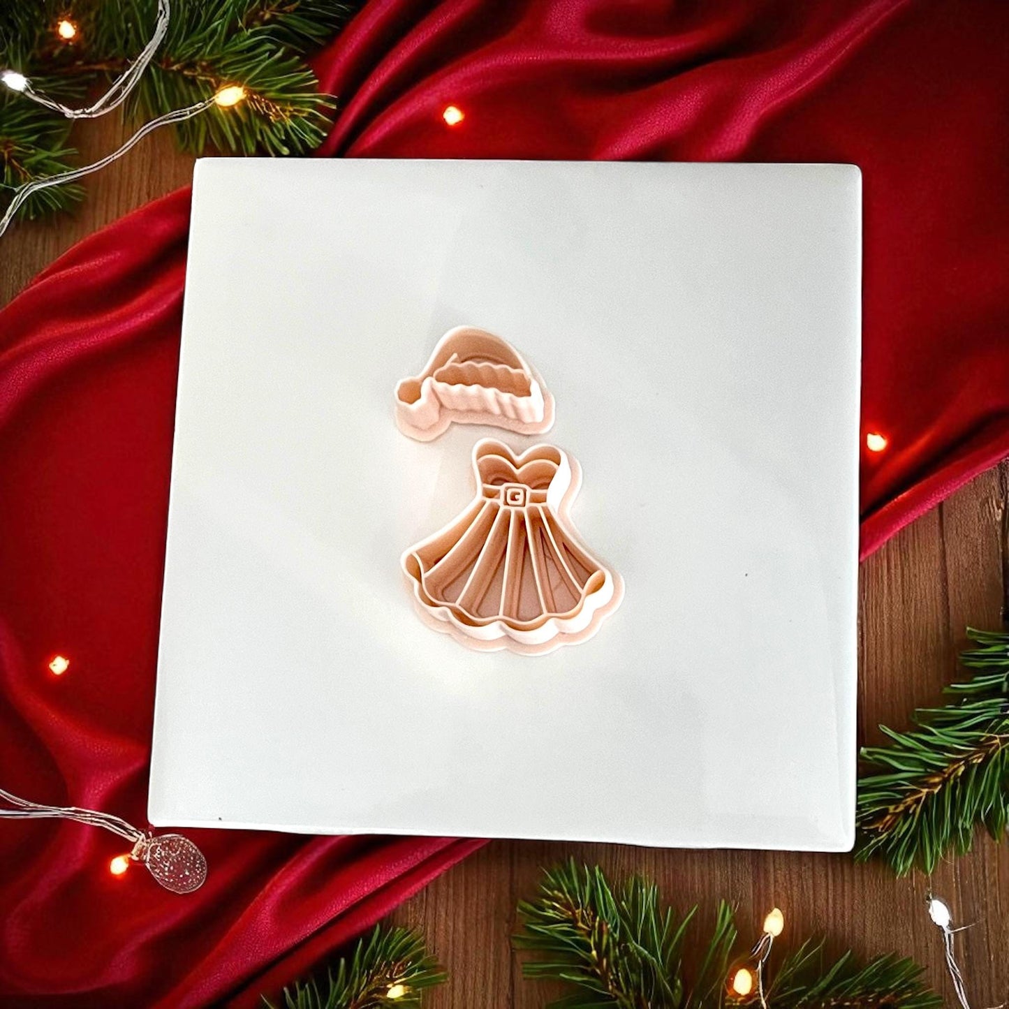 Mrs Santa dress and hat clay imprint pressed into pink clay