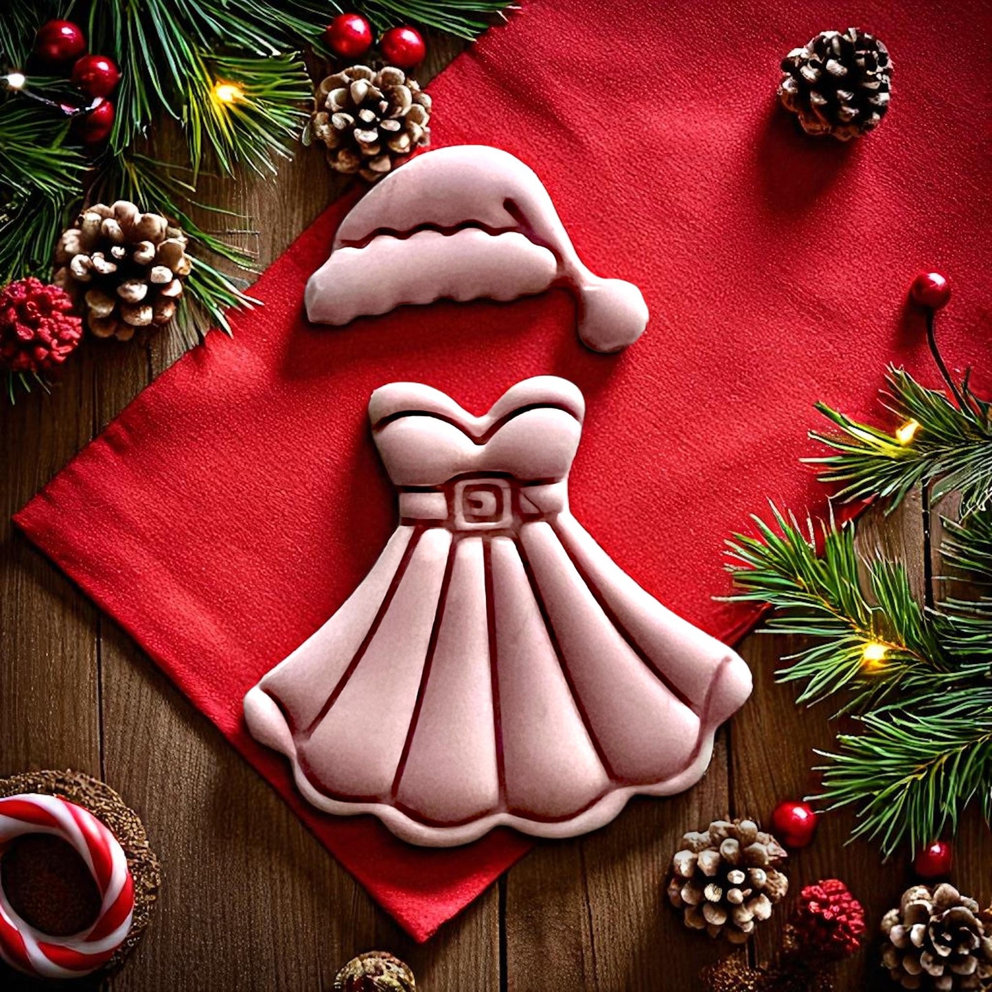 Close-up of Mrs Santa dress and hat clay imprint with pinecones