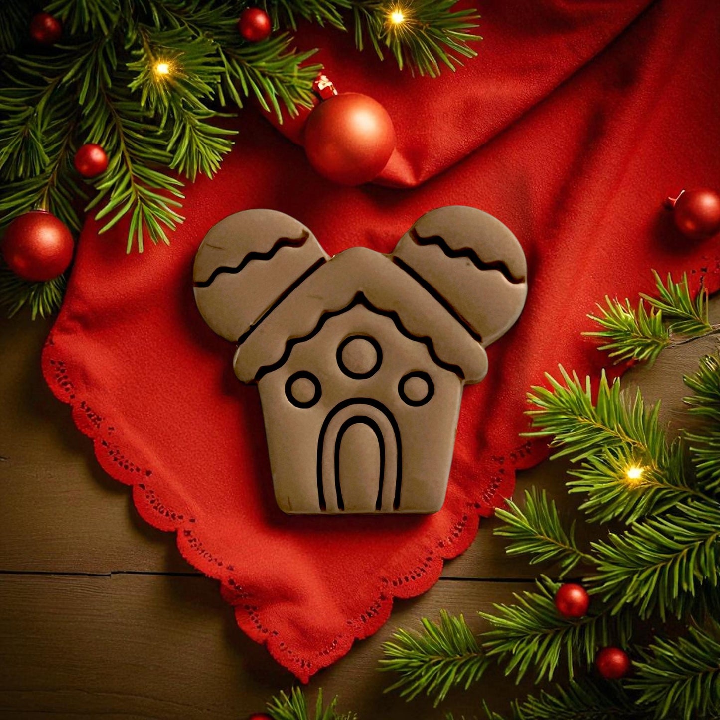 Large gingerbread mouse house clay impression on red cloth surrounded by pine branches and ornaments