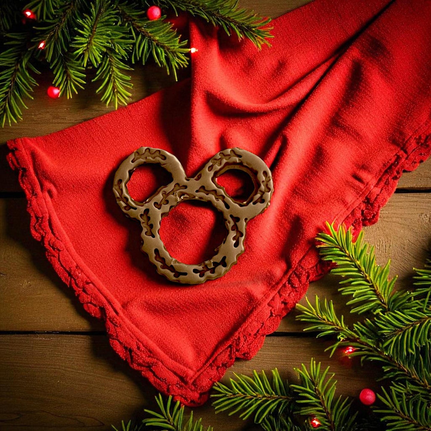 close-up of holiday wreath clay piece on red fabric