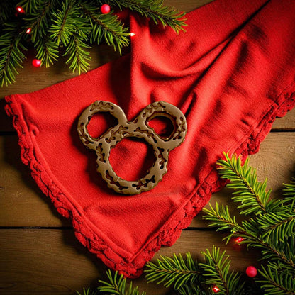 close-up of holiday wreath clay piece on red fabric