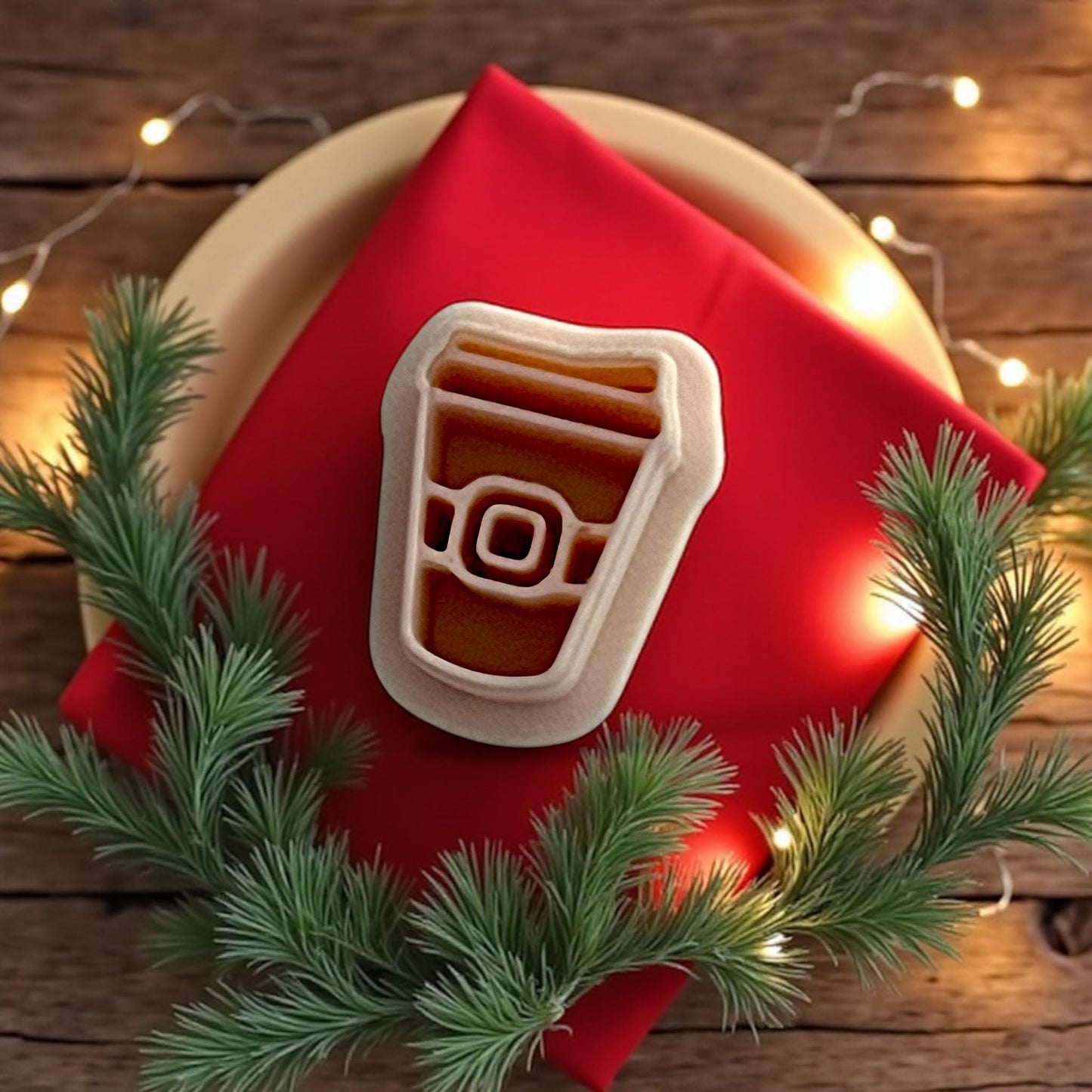 Santa coffee cup cutter on red napkin with pine greenery and Christmas lights
