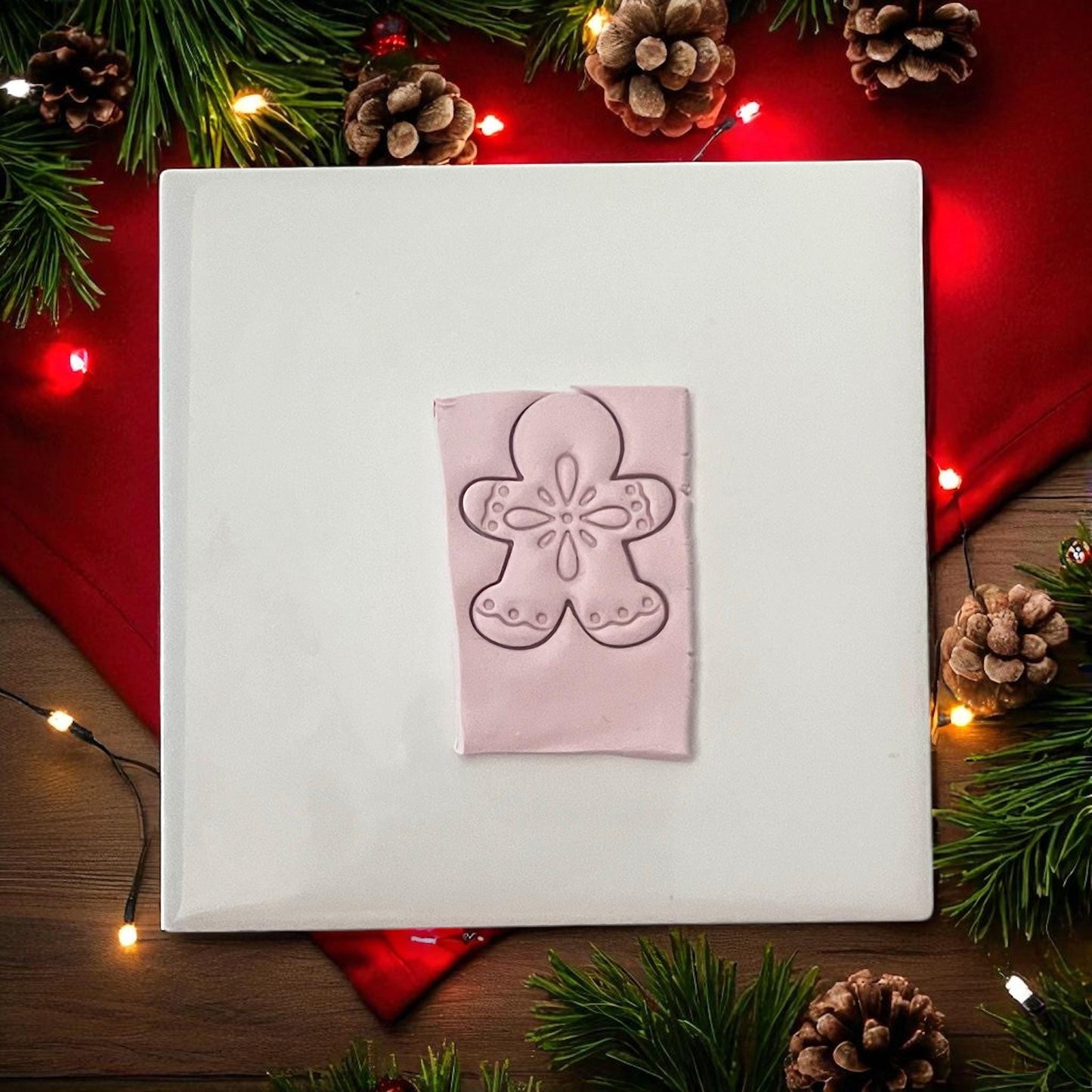 Boho gingerbread man polymer clay cutter impression with center pattern