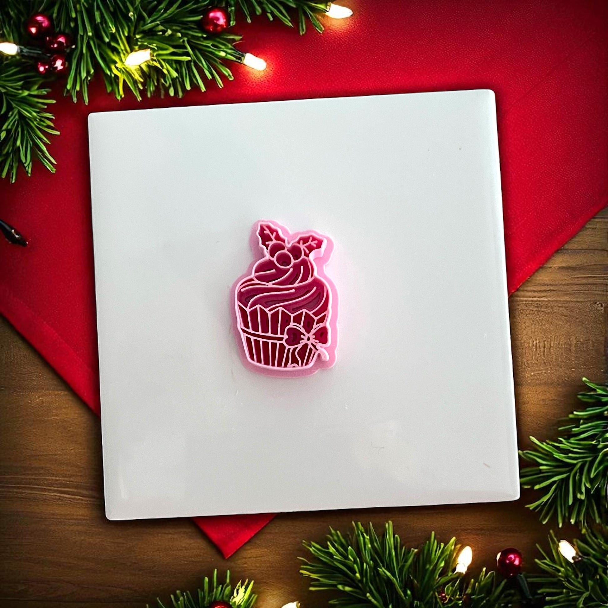 Pink Christmas cupcake polymer clay cutter with holly berry detail