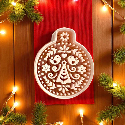 Scandinavian ornament cutter close-up showing folk birds and floral tree pattern