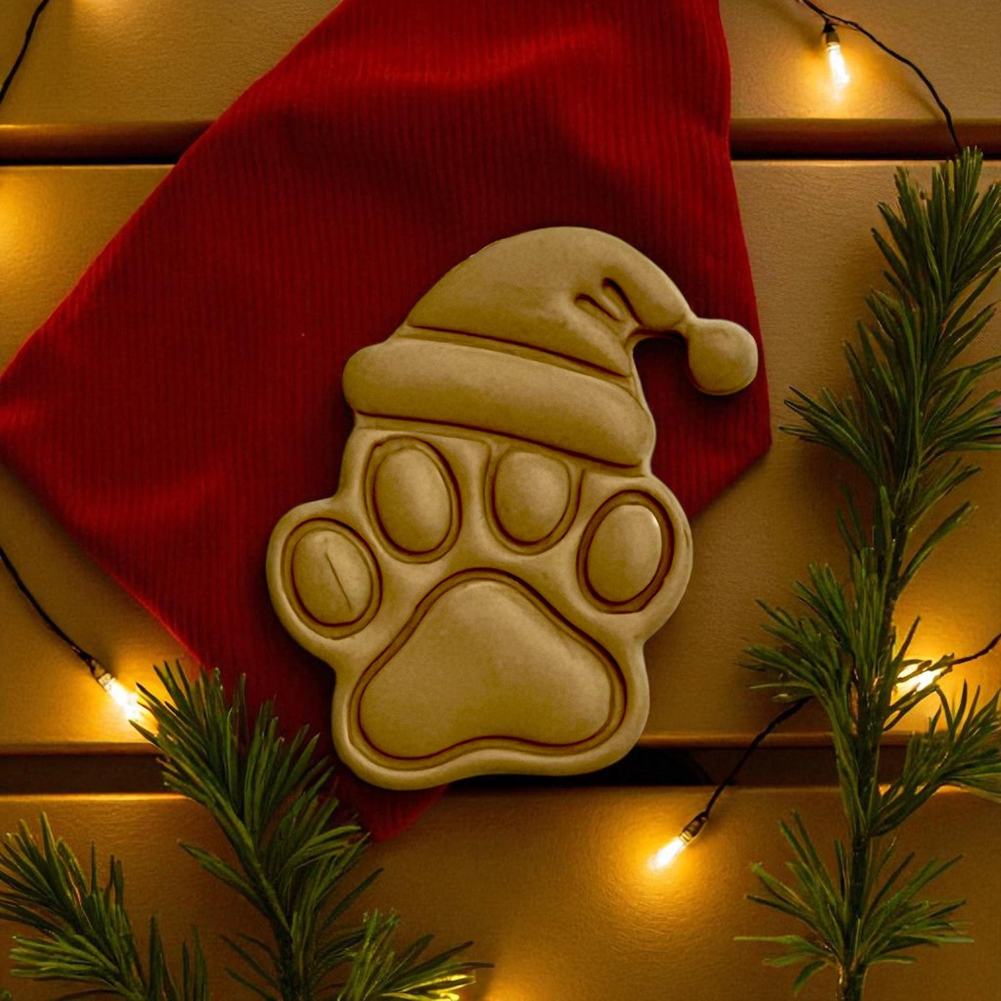 Christmas paw print polymer clay imprint with Santa hat on tan clay with festive lights
