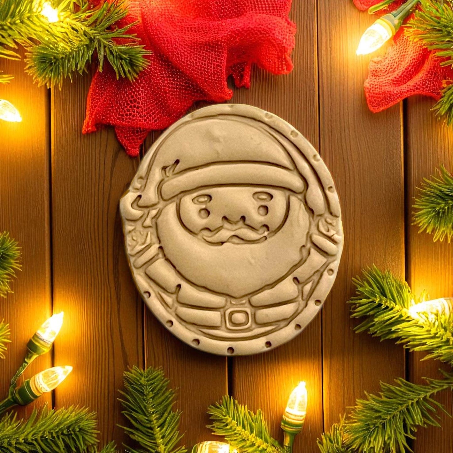 Close-up of Santa polymer clay design surrounded by Christmas lights