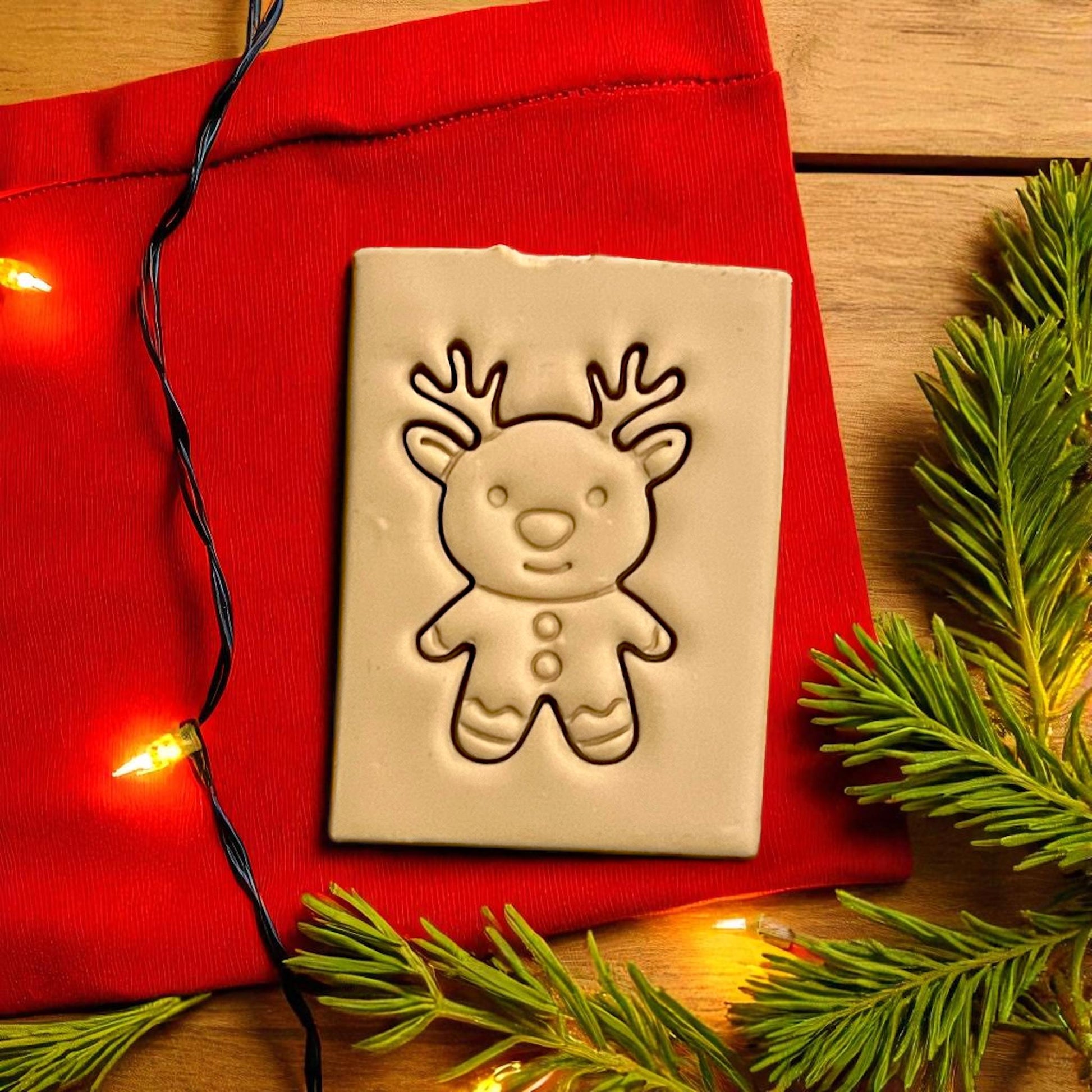 Gingerbread reindeer polymer clay imprint on red fabric with Christmas lights