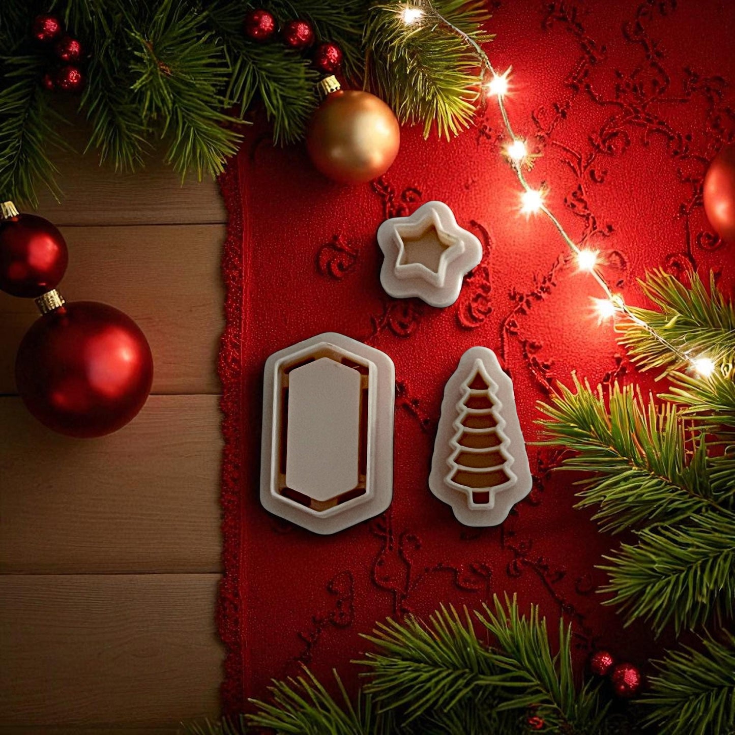 Set of white polymer clay cutters in shapes of tree, star, and frame on red festive cloth