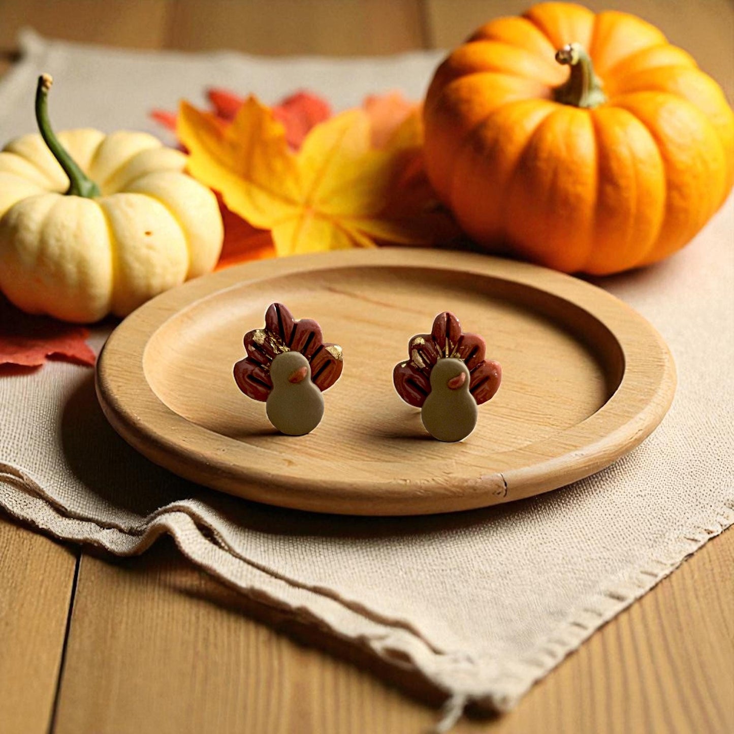 Set of turkey polymer clay cutters and impressions with pumpkins and autumn leaves
