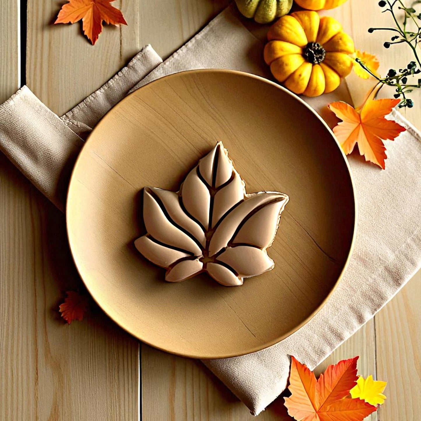 Autumn leaf earrings on white tile and wooden plate surrounded by pumpkins