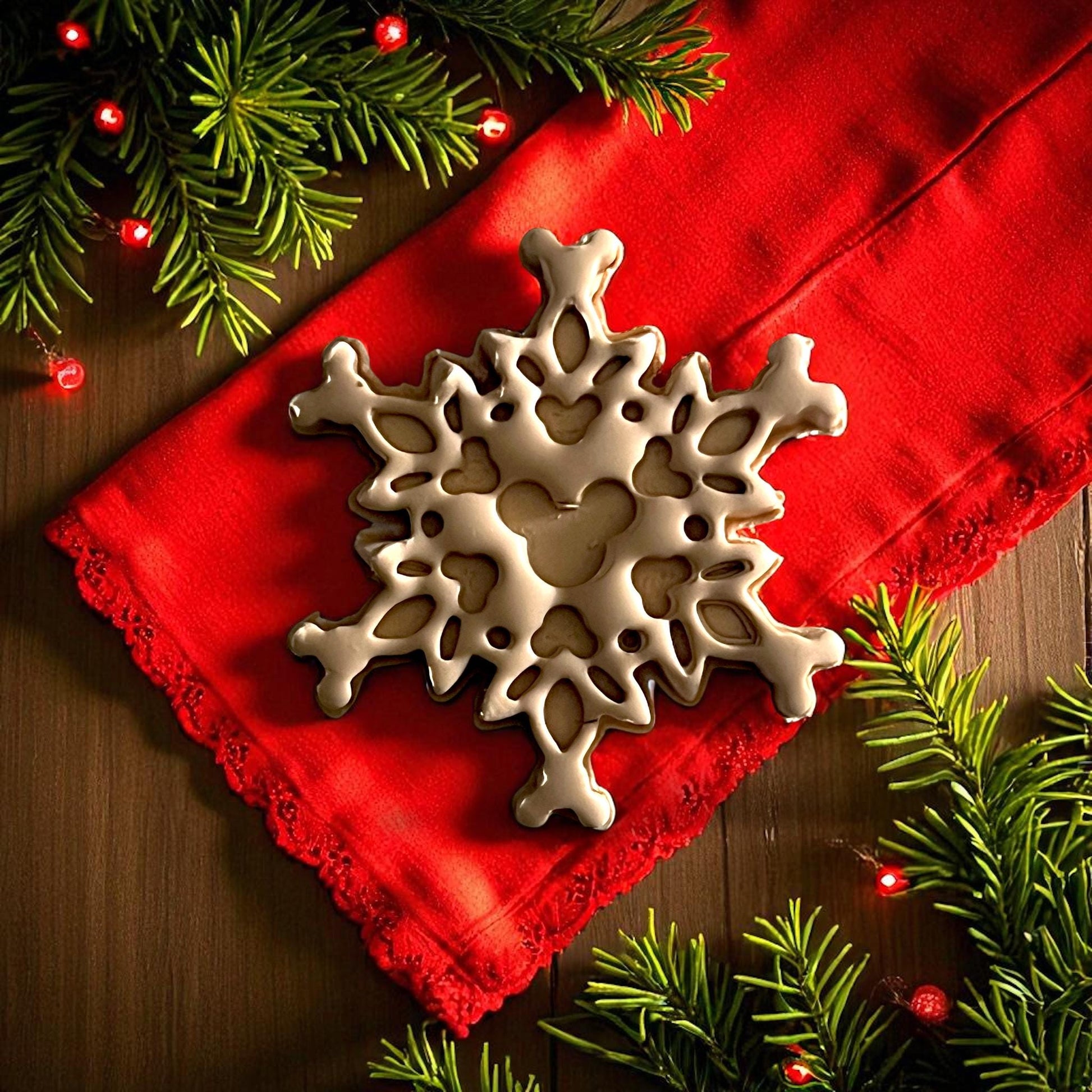 clay impression and mouse snowflake cutter side by side surrounded by pinecones