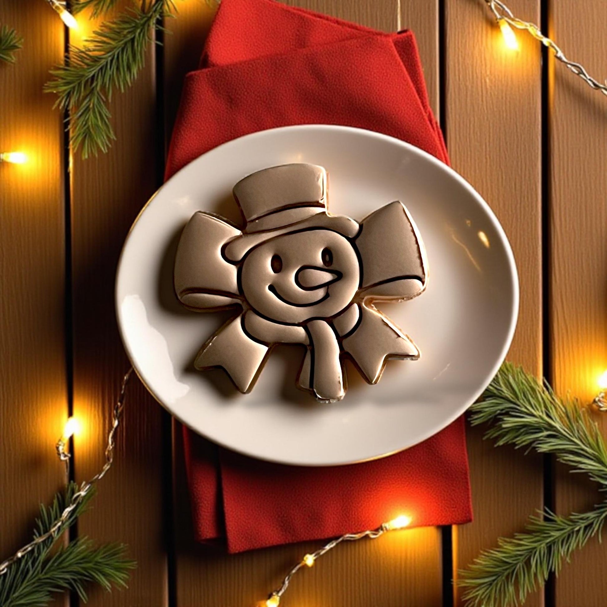 Finished snowman clay piece with bow and hat displayed on plate with Christmas lights