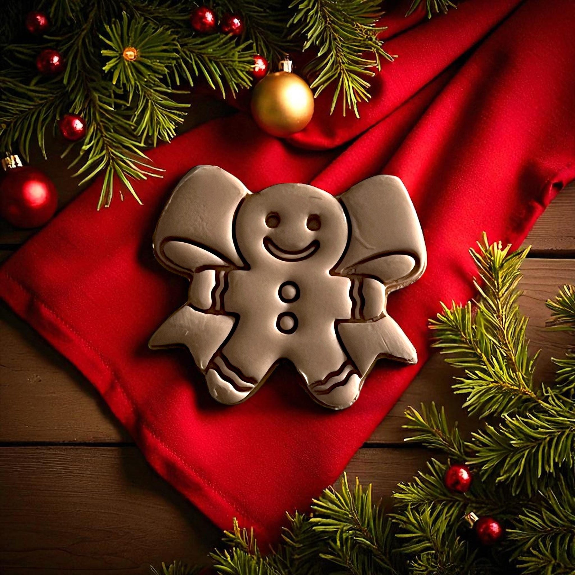 Polymer clay gingerbread impression with bow detail surrounded by lights and ornaments