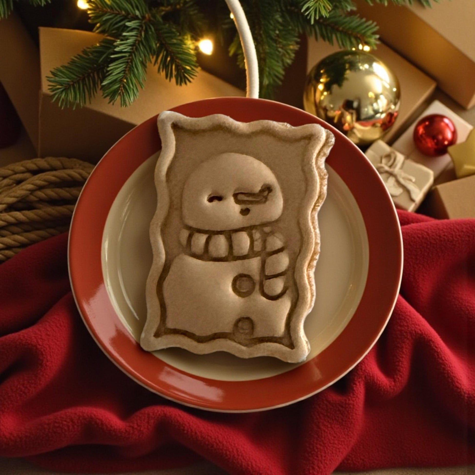 Large snowman postage stamp clay imprint on red plate with Christmas greenery