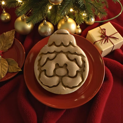 Large Santa ornament clay imprint on red plate with Christmas lights and presents