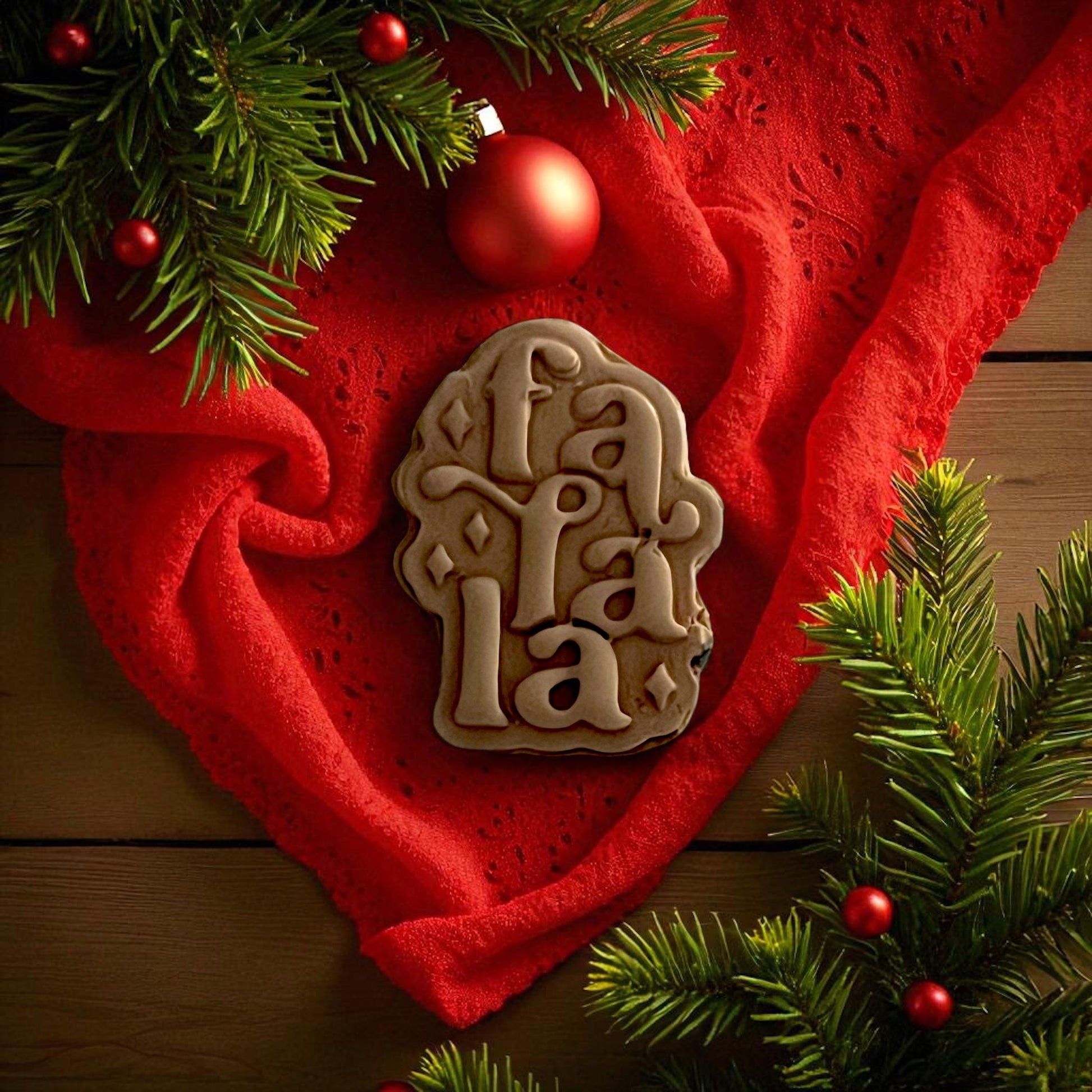 Festive Fa La La polymer clay piece on red fabric surrounded by pine branches and ornaments