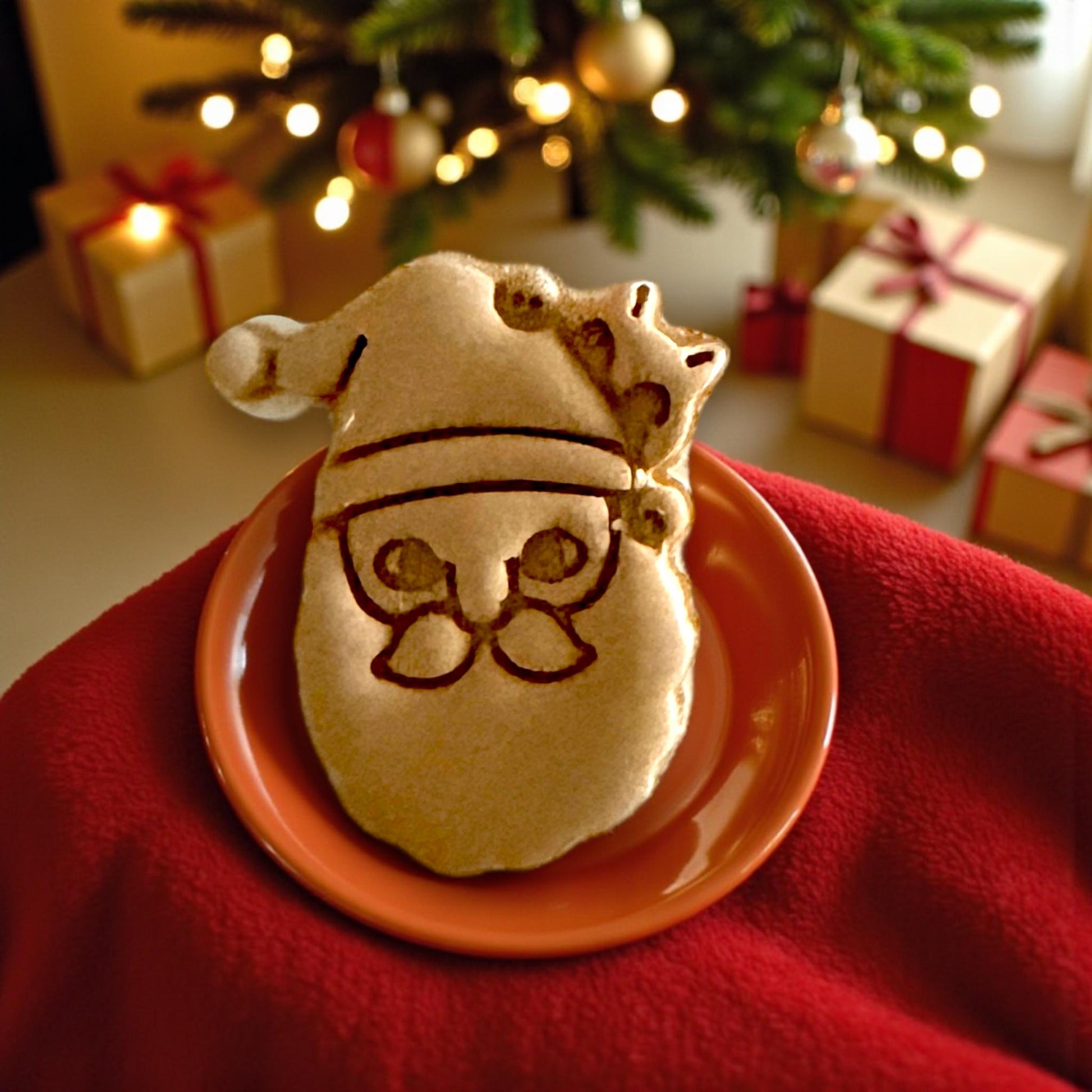 Large Santa clay imprint with hidden cat detail on red plate and Christmas lights