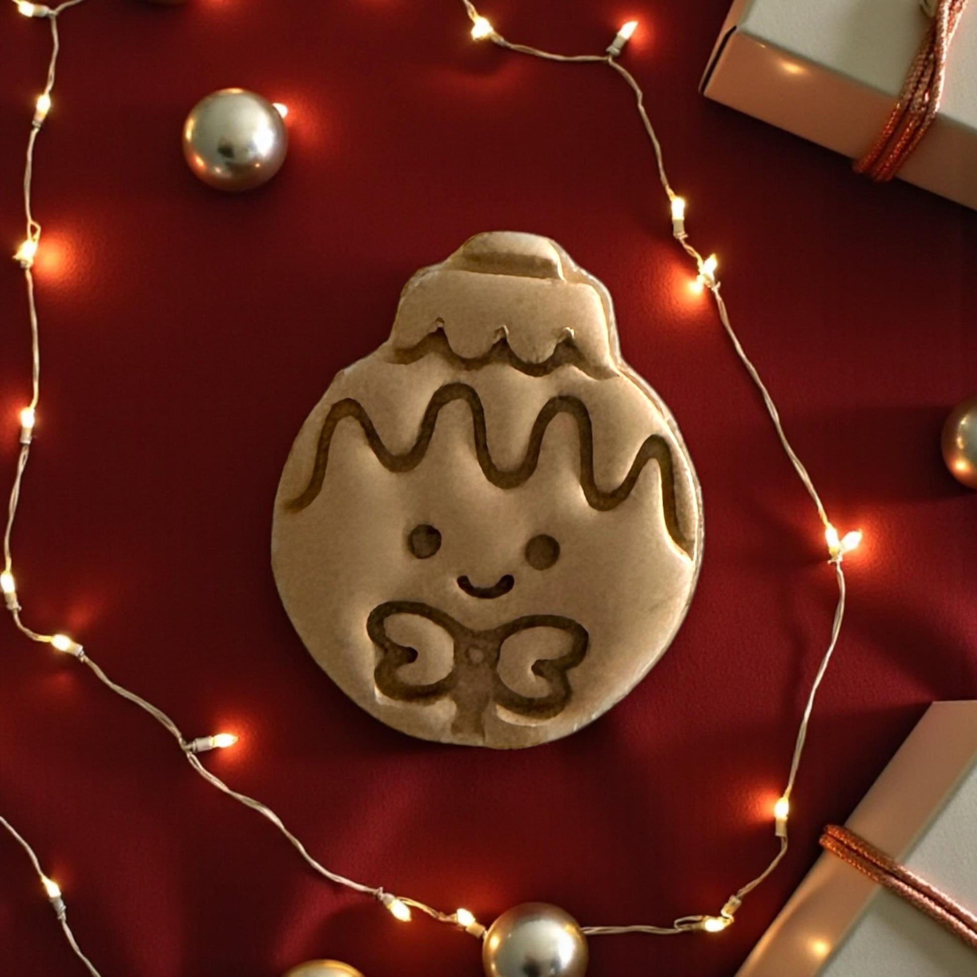 Large gingerbread ornament clay imprint on red cloth with string lights and presents