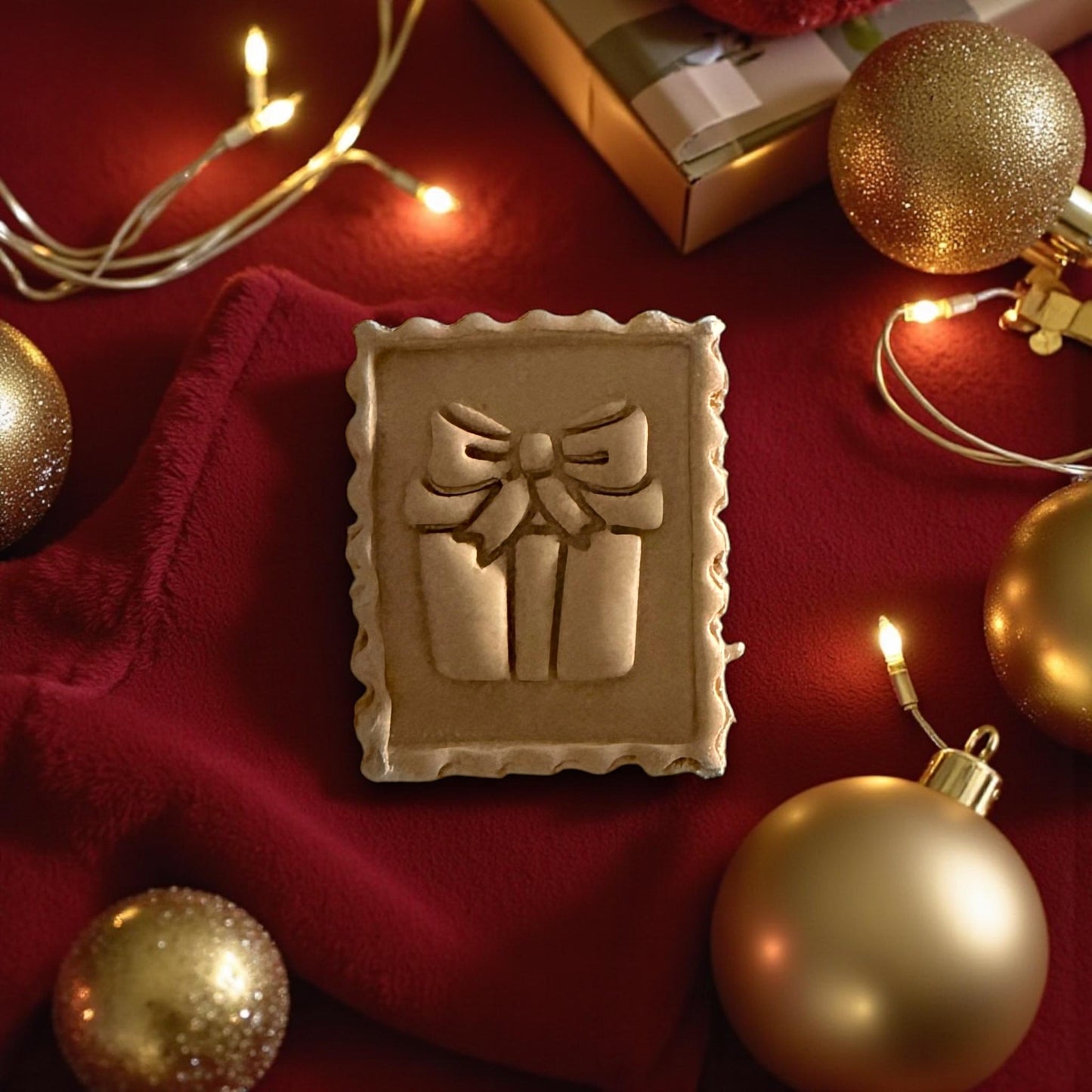 Large gift stamp clay imprint on red fabric surrounded by Christmas ornaments and lights
