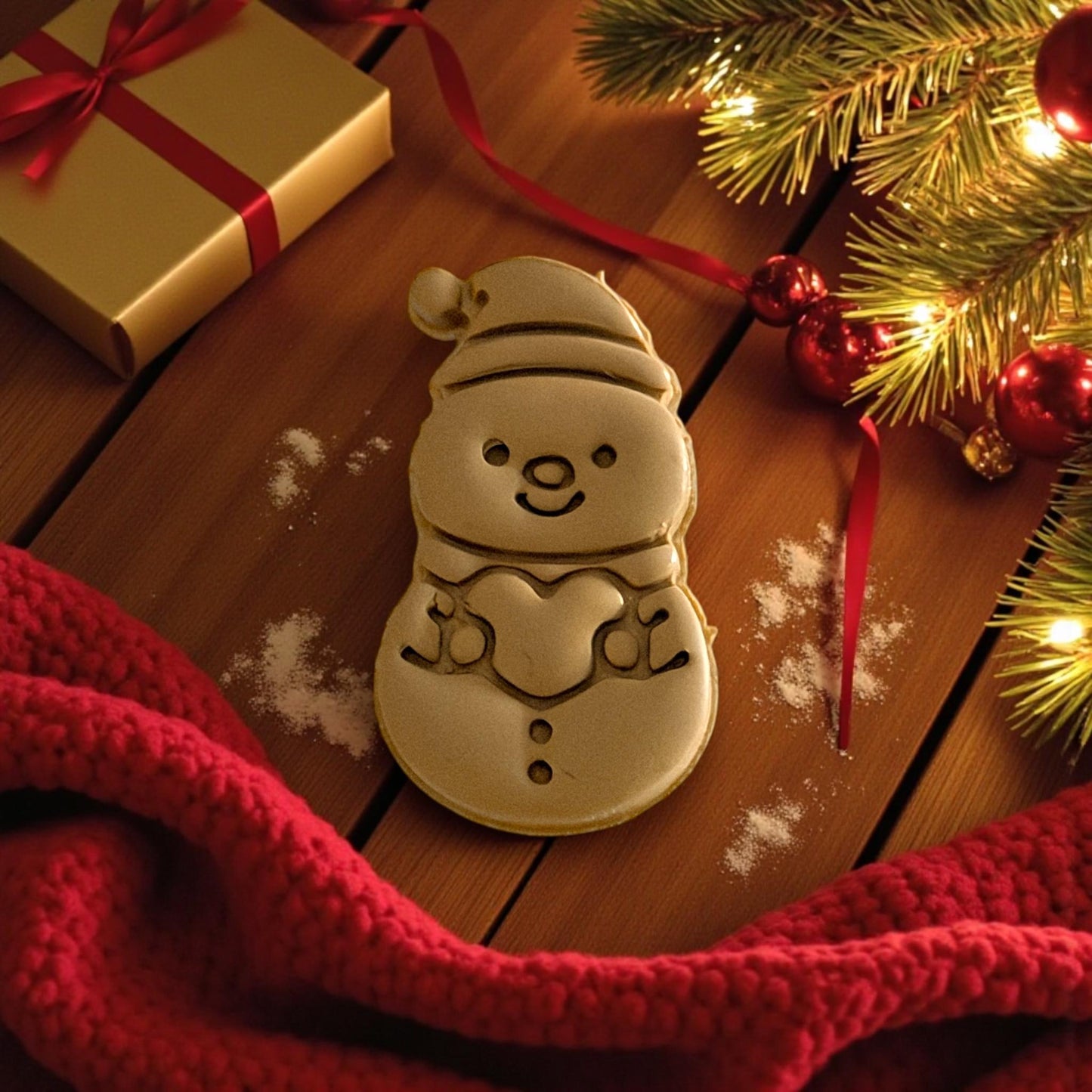 Two snowman clay imprints side by side on white tile with Christmas decorations