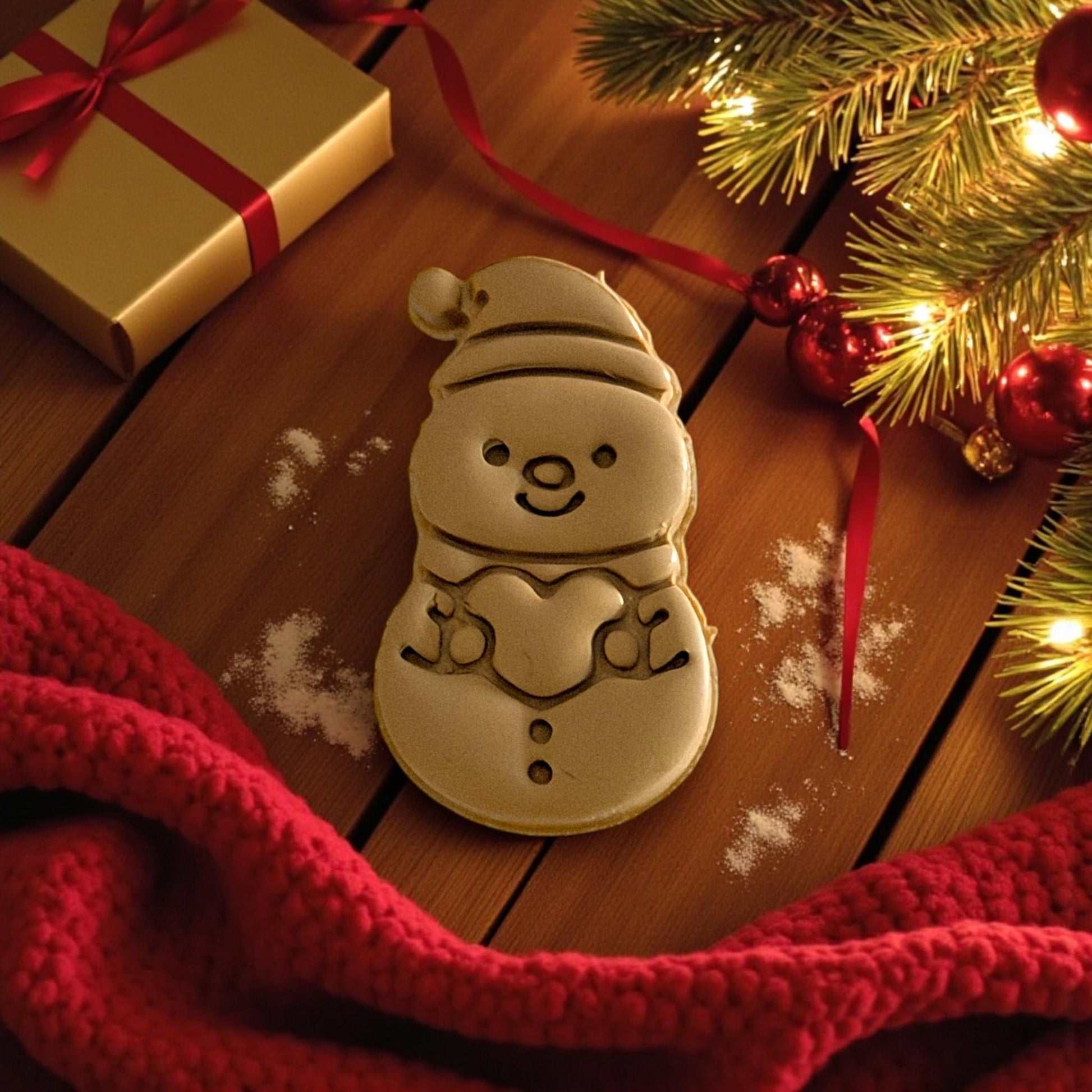 Two snowman clay imprints side by side on white tile with Christmas decorations
