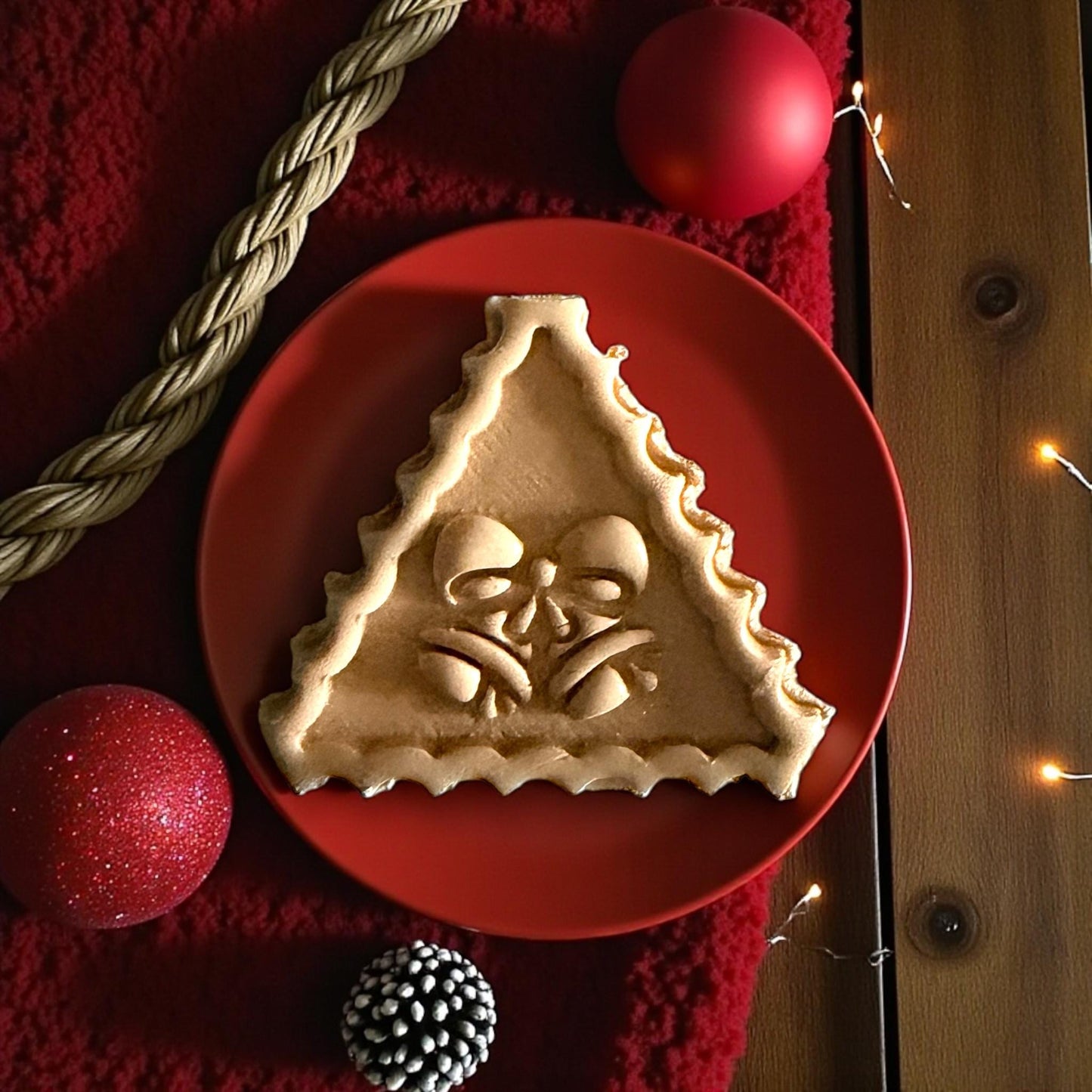 Large jingle bell clay imprint on red plate with Christmas lights and ornaments