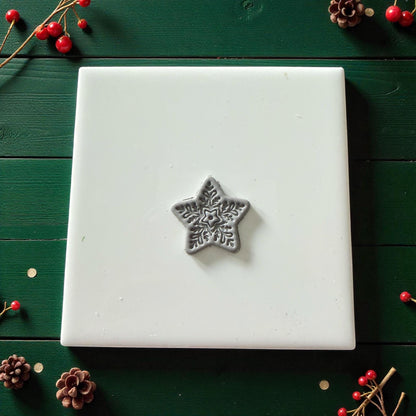 Single gray clay snowflake star on white tile with scattered pinecones and red berries