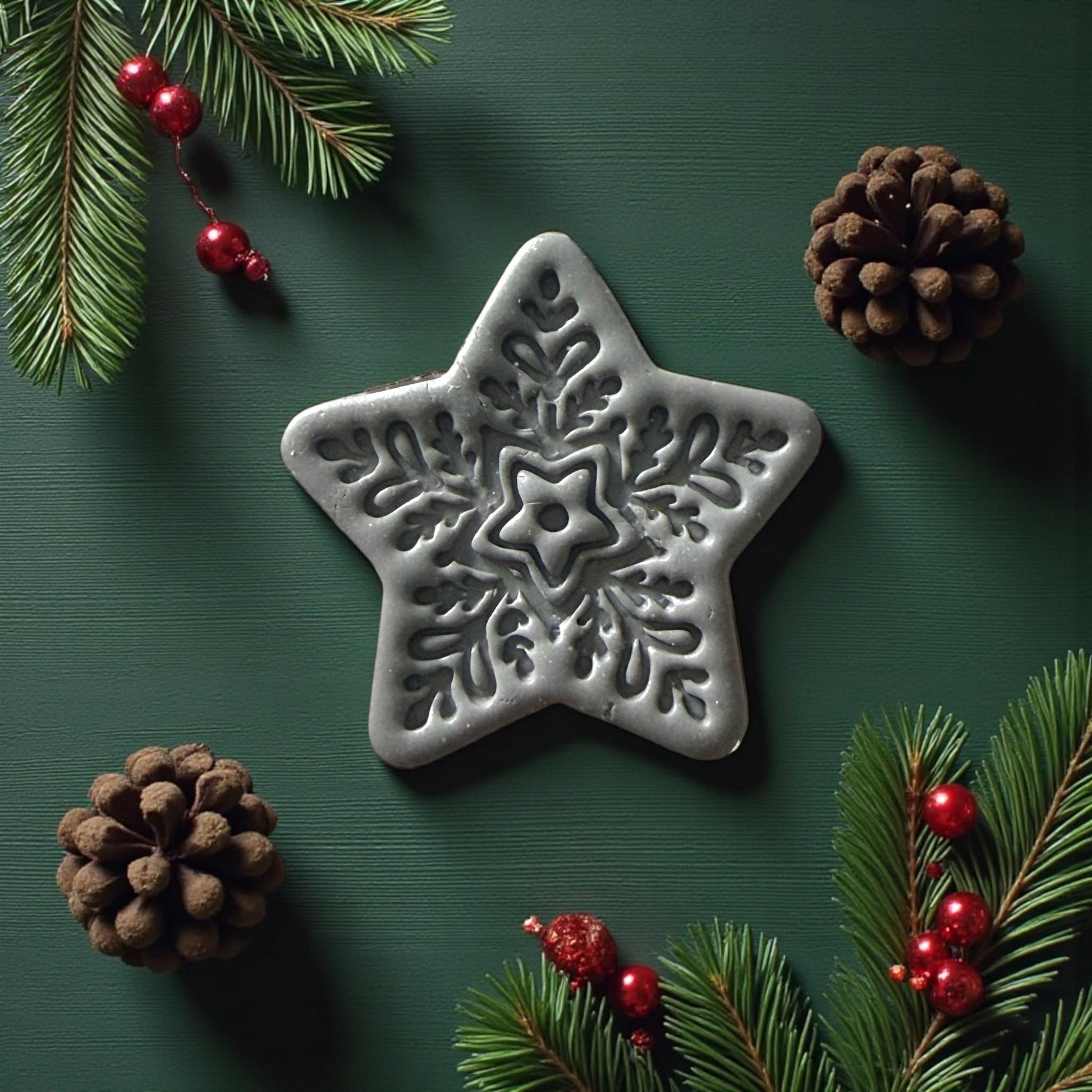 Gray clay star snowflake design on green background with pine cones and berries